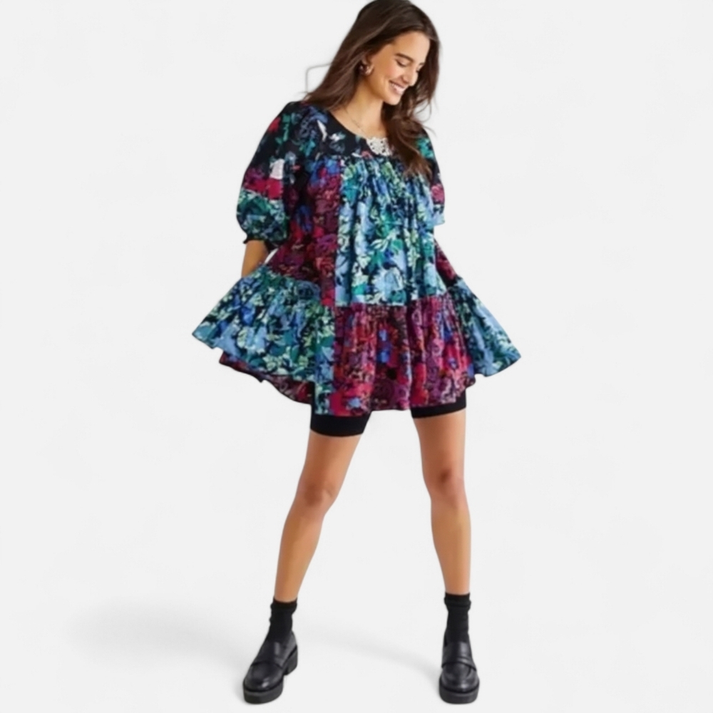 Free People Prairie Field Tunic Floral Patchwork Babydoll Boho Mini Dress M